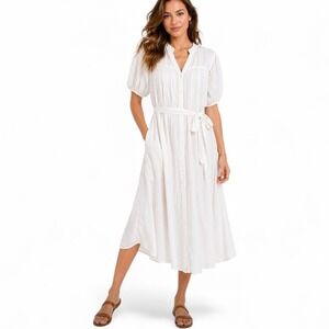 Holiday Maya Dress White Shirt Small Tie Waist Button Front Midi  Minimalist